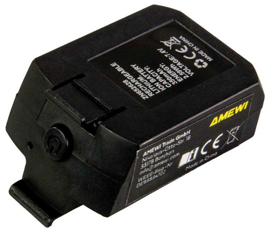 The image depicts a black LiPo battery viewed from the side, featuring markings and safety instructions.