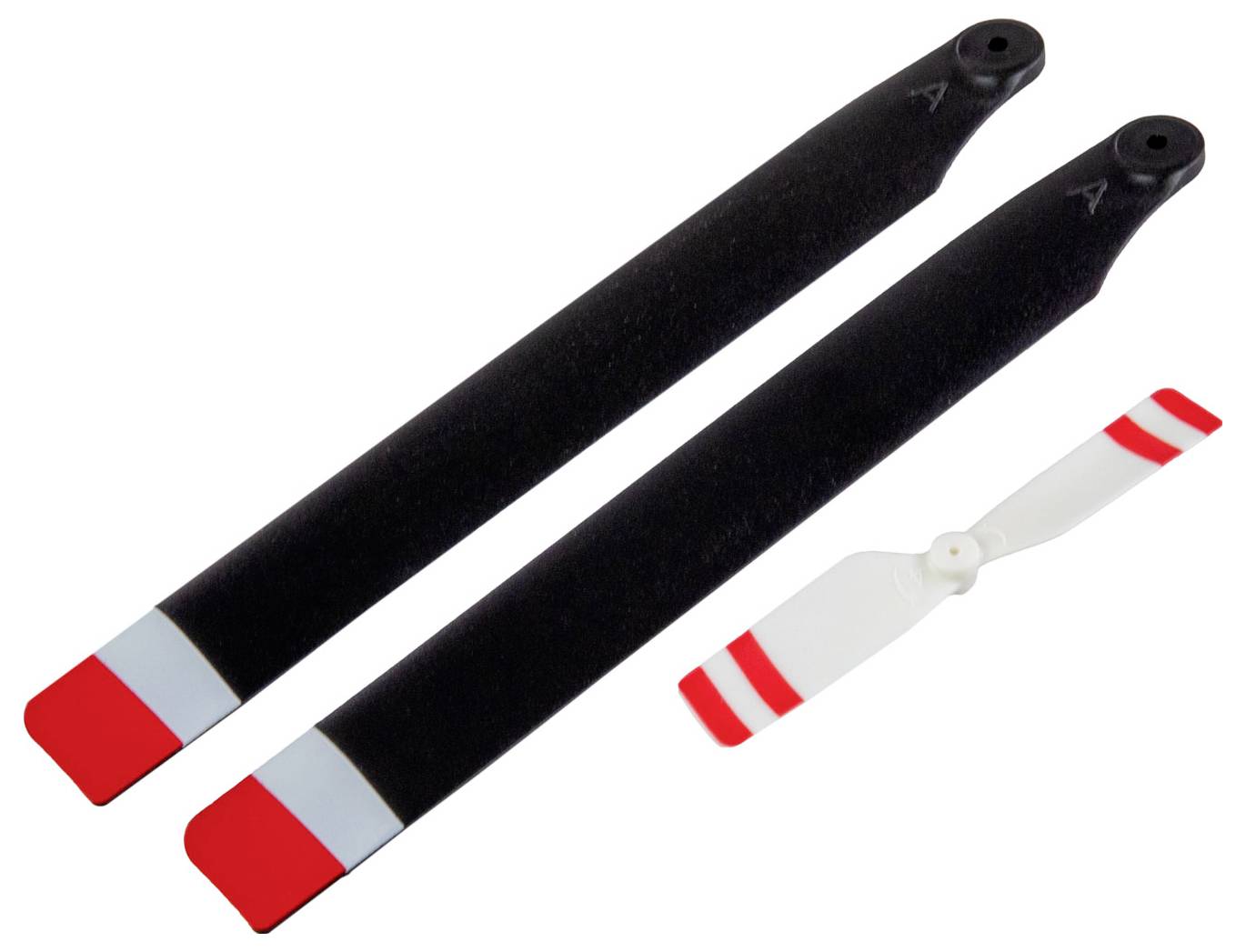 Two large black rotor blades with red tips and a smaller white rotor blade with red stripes for model helicopters.