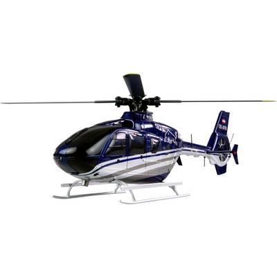 A blue helicopter with white stripes and a logo on its side is flying in the air.