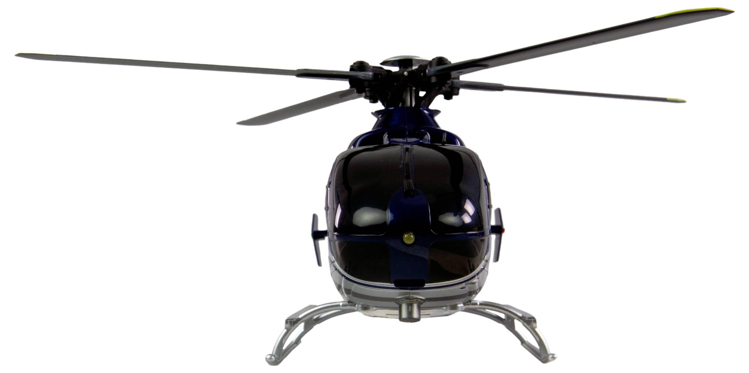 A black helicopter, photographed head-on, against a white background. The rotor blades are visible and symmetrically aligned.