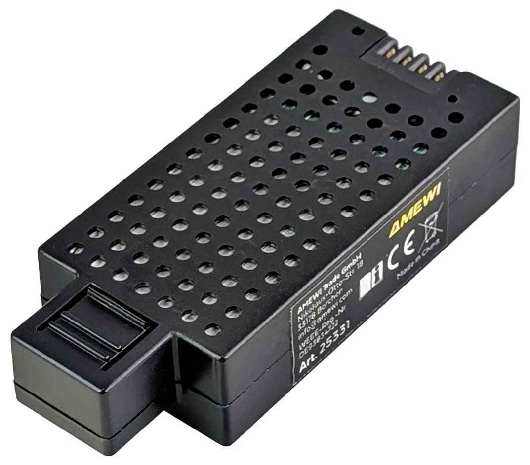 A black charger with ventilation slots and a barcode label bearing the brand name 'AMEWI'.