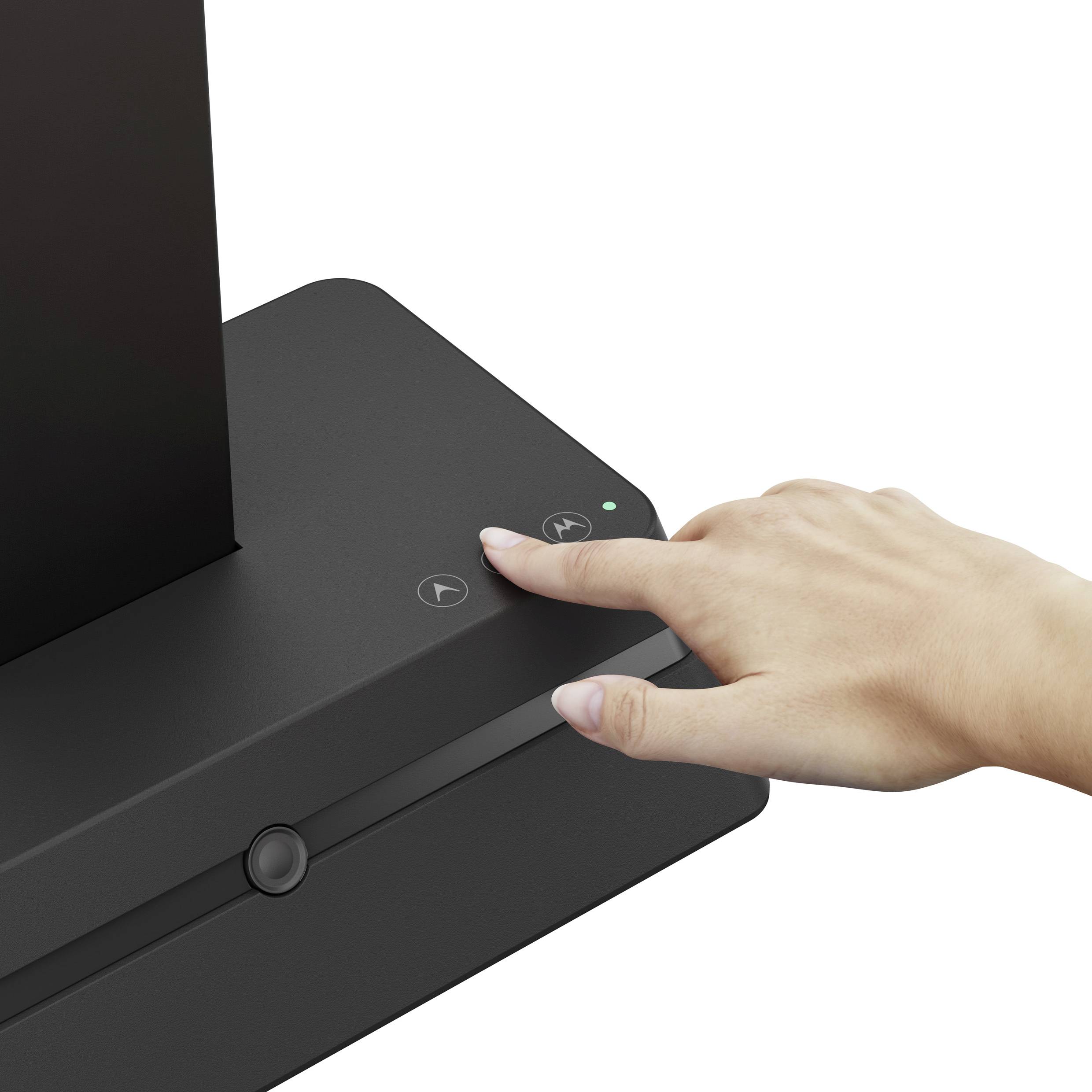 A hand pressing a button on a vertical stand, resembling a device or gadget, showing interaction or control.