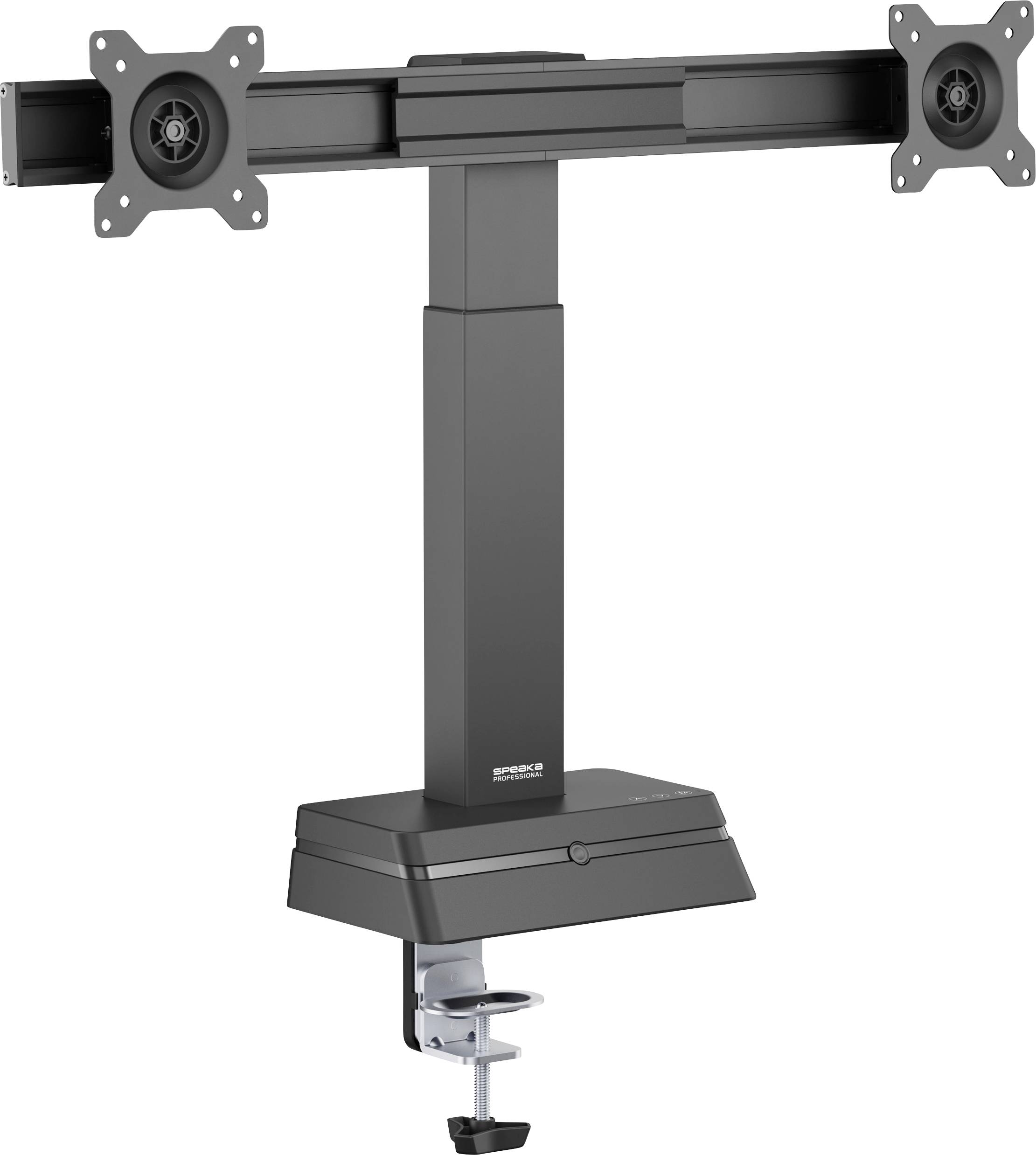 A dual monitor desk mount with two adjustable arms, featuring a clamp base for easy attachment to a desk. Suitable for flat screen monitors.