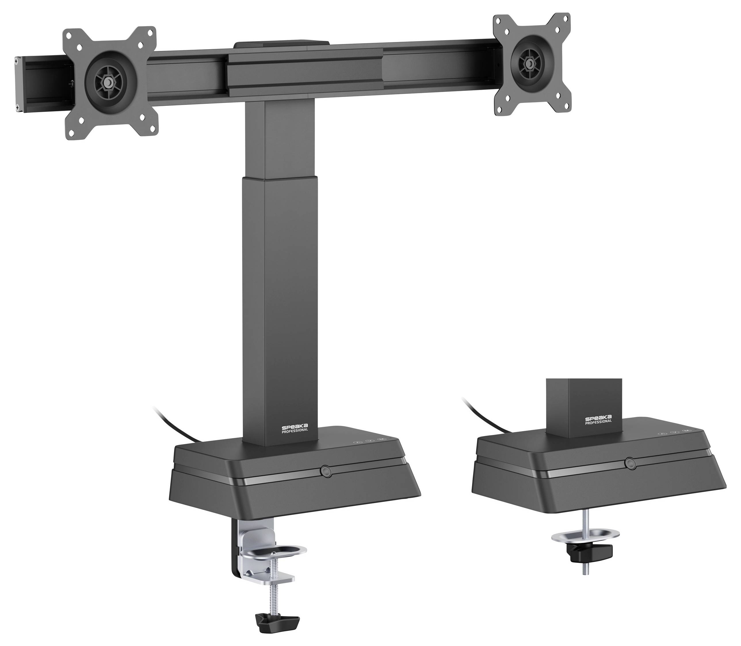 A dual-monitor arm stand with adjustable height and angle, designed for desktop mounting. It features sturdy clamps and cable management.