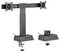 A dual-monitor arm stand with adjustable height and angle, designed for desktop mounting. It features sturdy clamps and cable management.