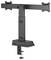 Dual monitor desk mount stand with adjustable arms, featuring a clamp base for secure attachment to desks. Designed for ergonomic setup.
