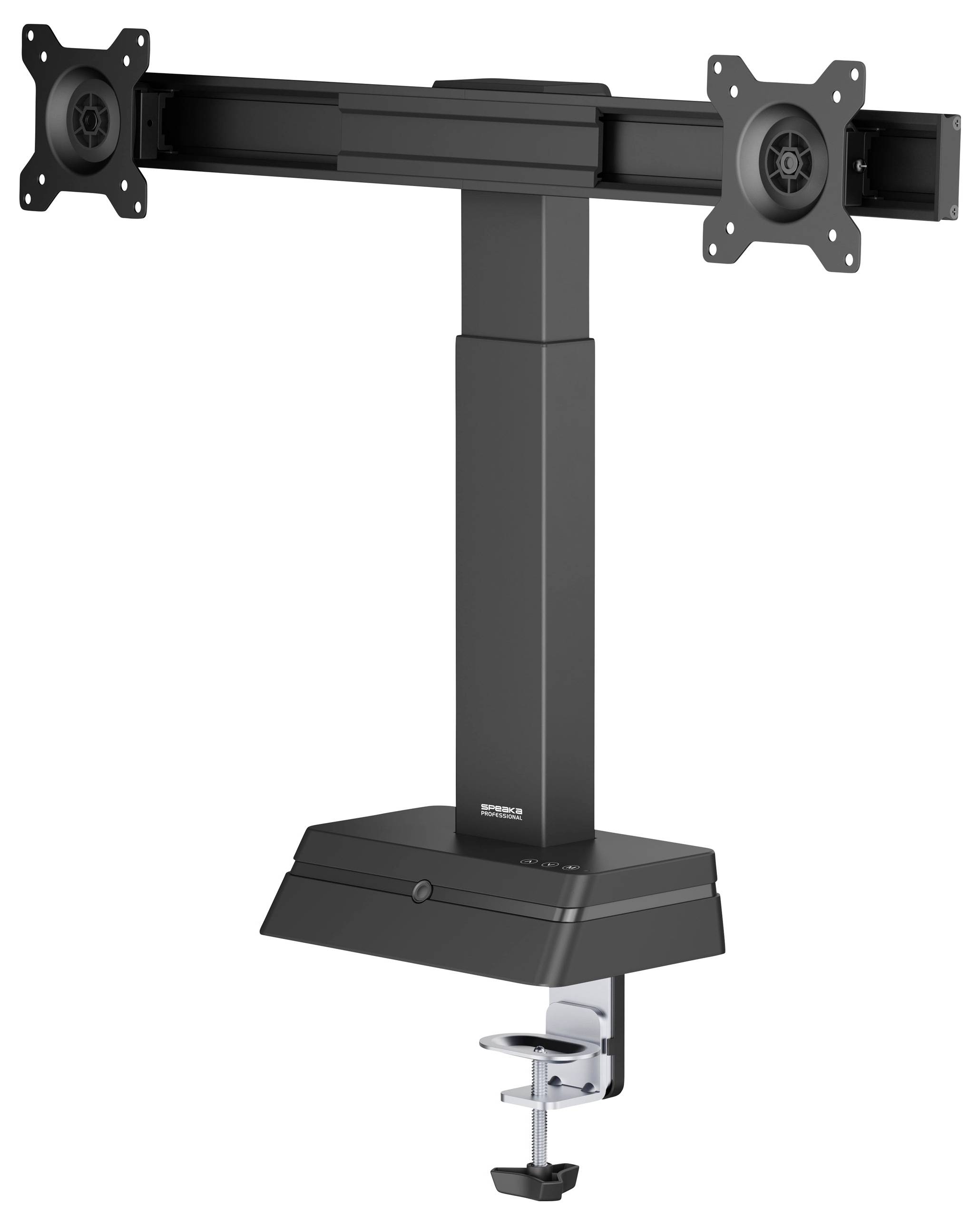 A dual monitor arm with adjustable height and a clamp base designed for attaching to the edge of a desk, supporting two screens.