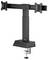 A dual monitor arm with adjustable height and a clamp base designed for attaching to the edge of a desk, supporting two screens.