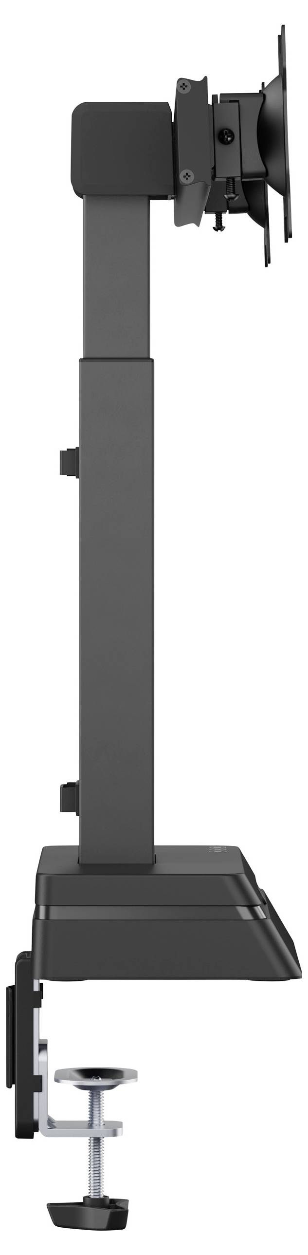 Adjustable black monitor arm with a clamp mount for attaching to a desk, featuring a swivel head for positioning the monitor.