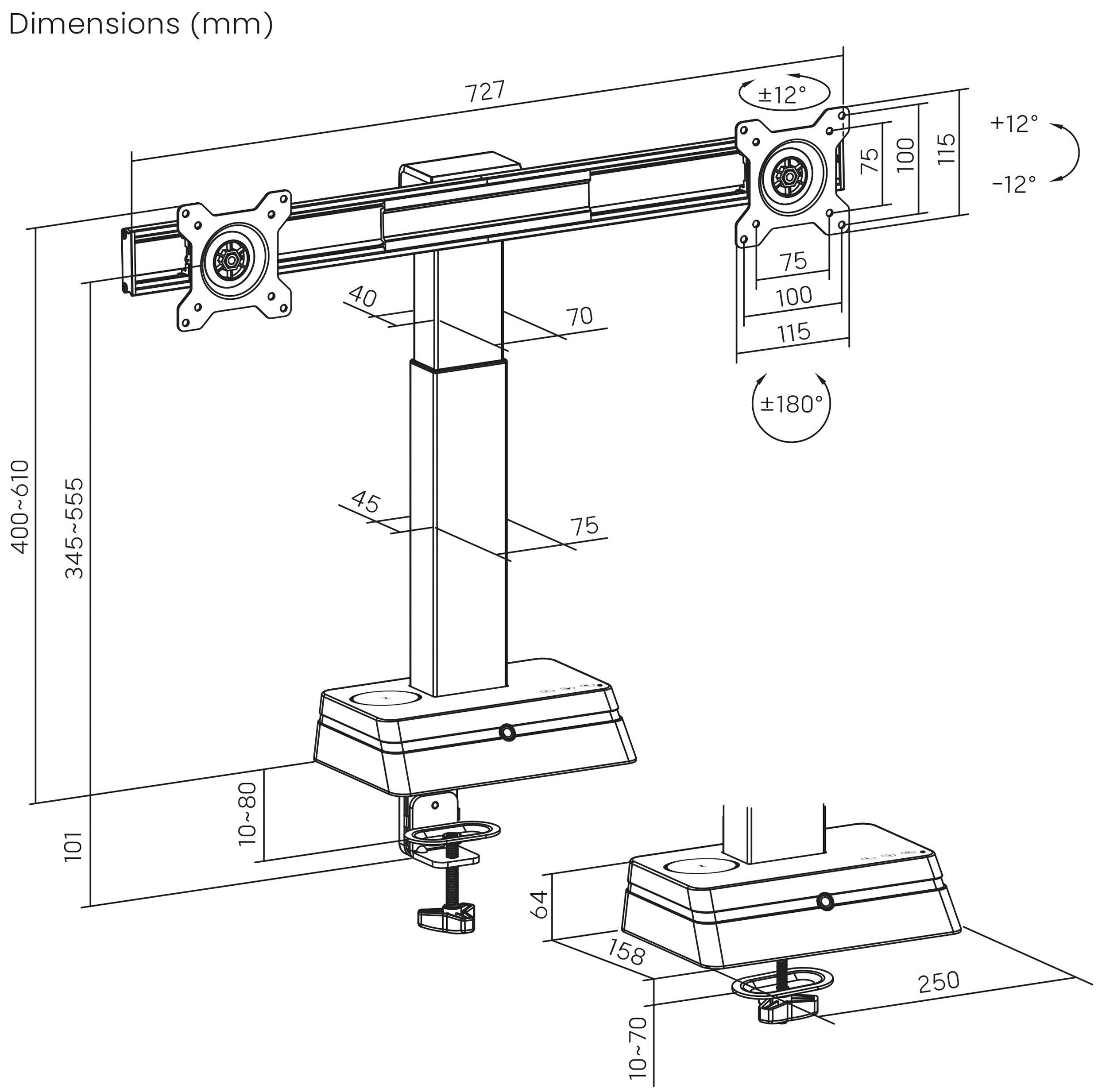 Monitor arm diagram showing adjustable parts, dimensions in millimeters, including height 345-555, depth 101-400, clamp base, and rotation angles.