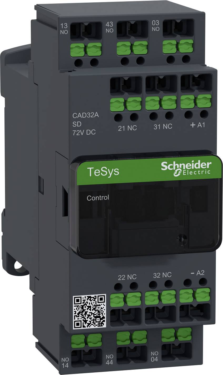 Electrical contactor by Schneider Electric, model TeSys CAD32A, with connections and QR code on the front panel.