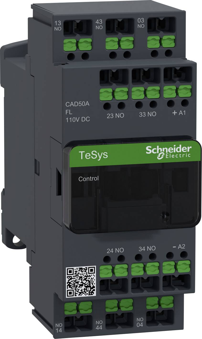 A TeSys contactor from Schneider Electric with green terminals and a QR code on a black housing, labelled 'Control'.