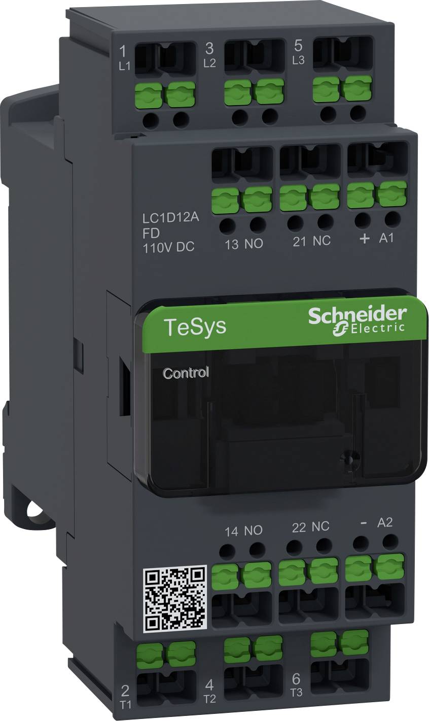 A black electric switching device from Schneider Electric with green terminals at the top and bottom, QR code at the front, model 'TeSys'.