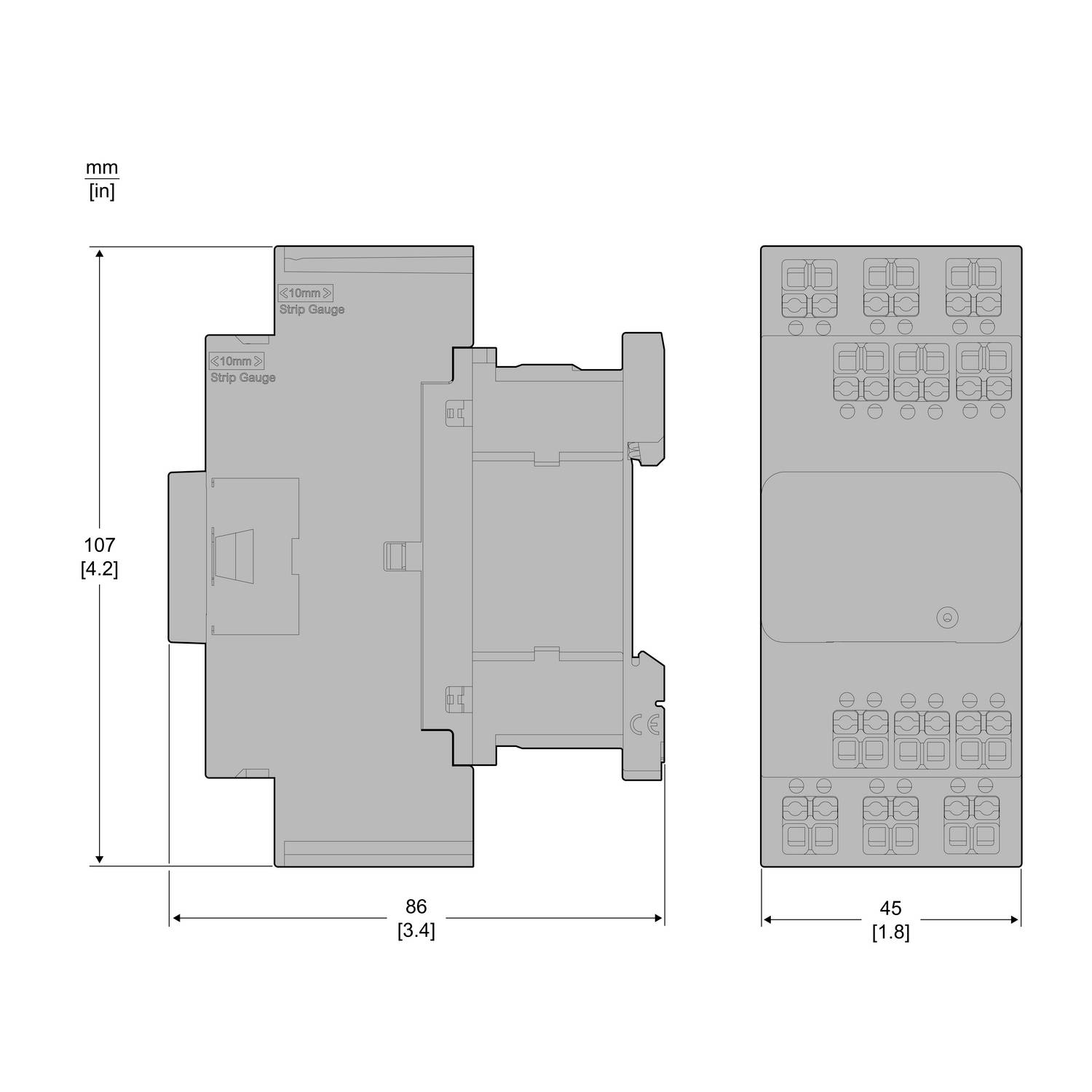 The image depicts technical drawings of a rectangular electrical device with dimensions: height 107 mm, width 86 mm, depth 45 mm.