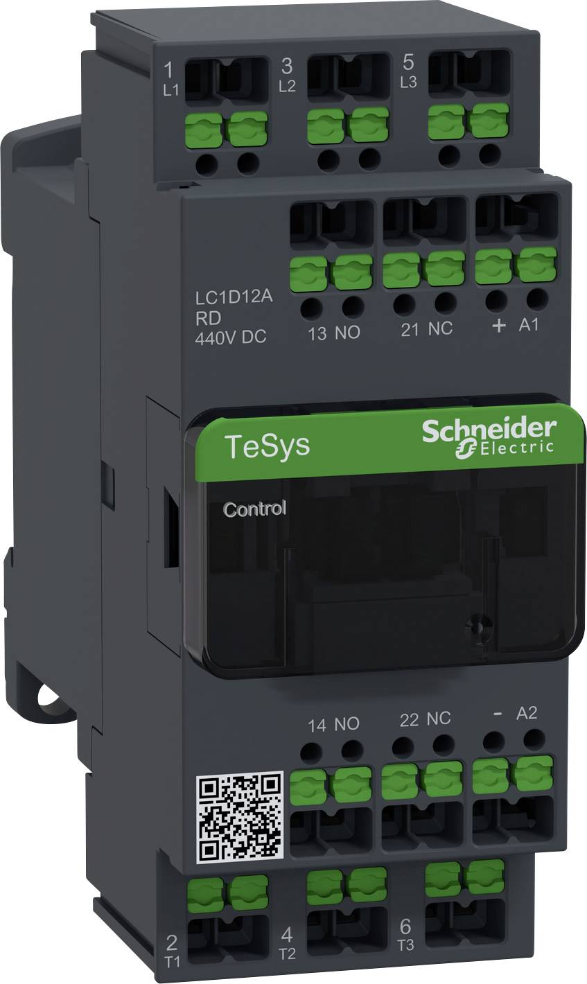 'Safety contactor Schneider Electric TeSys, model LC1D12A, 440V DC, with green labelling and QR code on the front.'