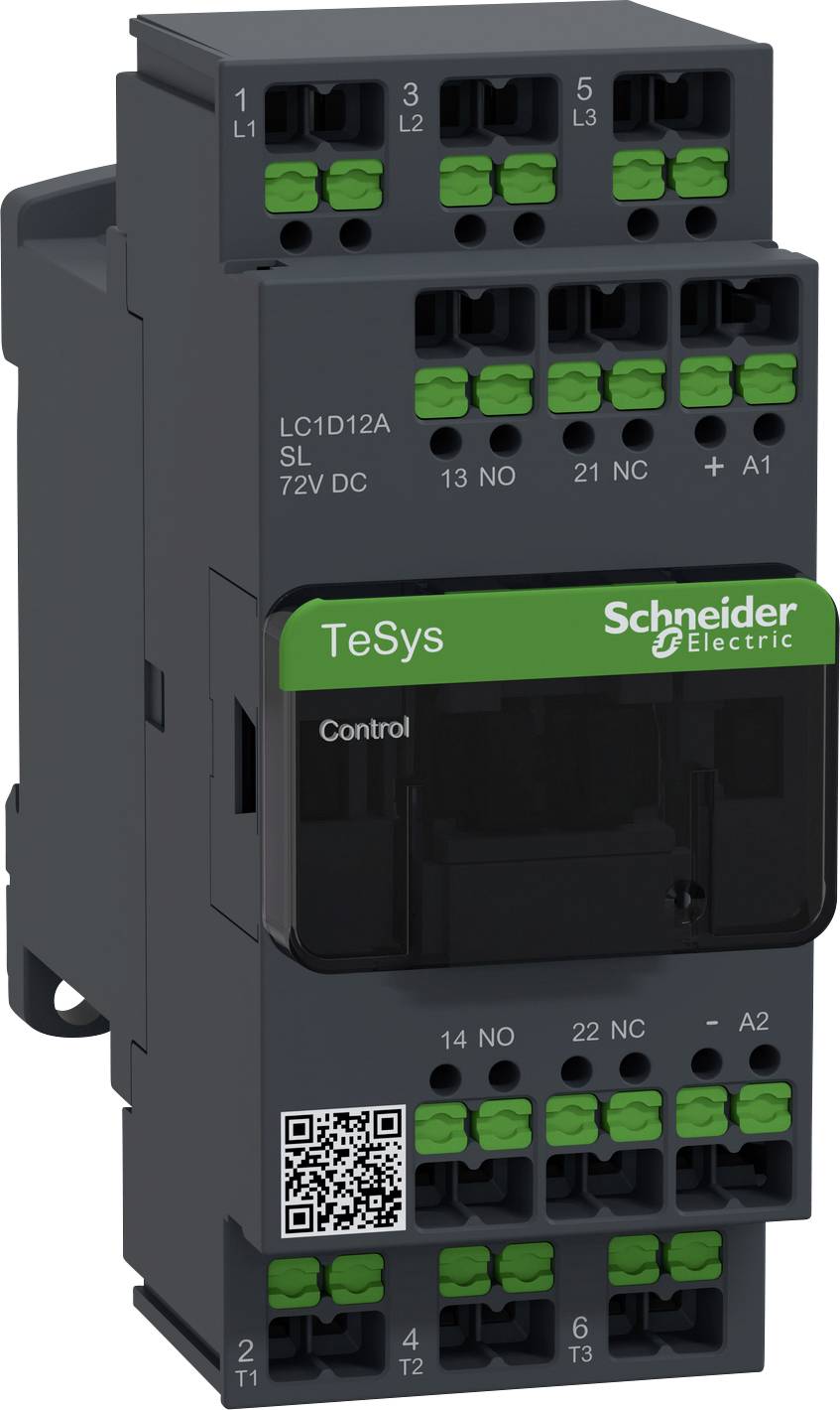 A black electrical contactor from Schneider Electric, model TeSys. It has several coloured terminals and is marked with a QR code.