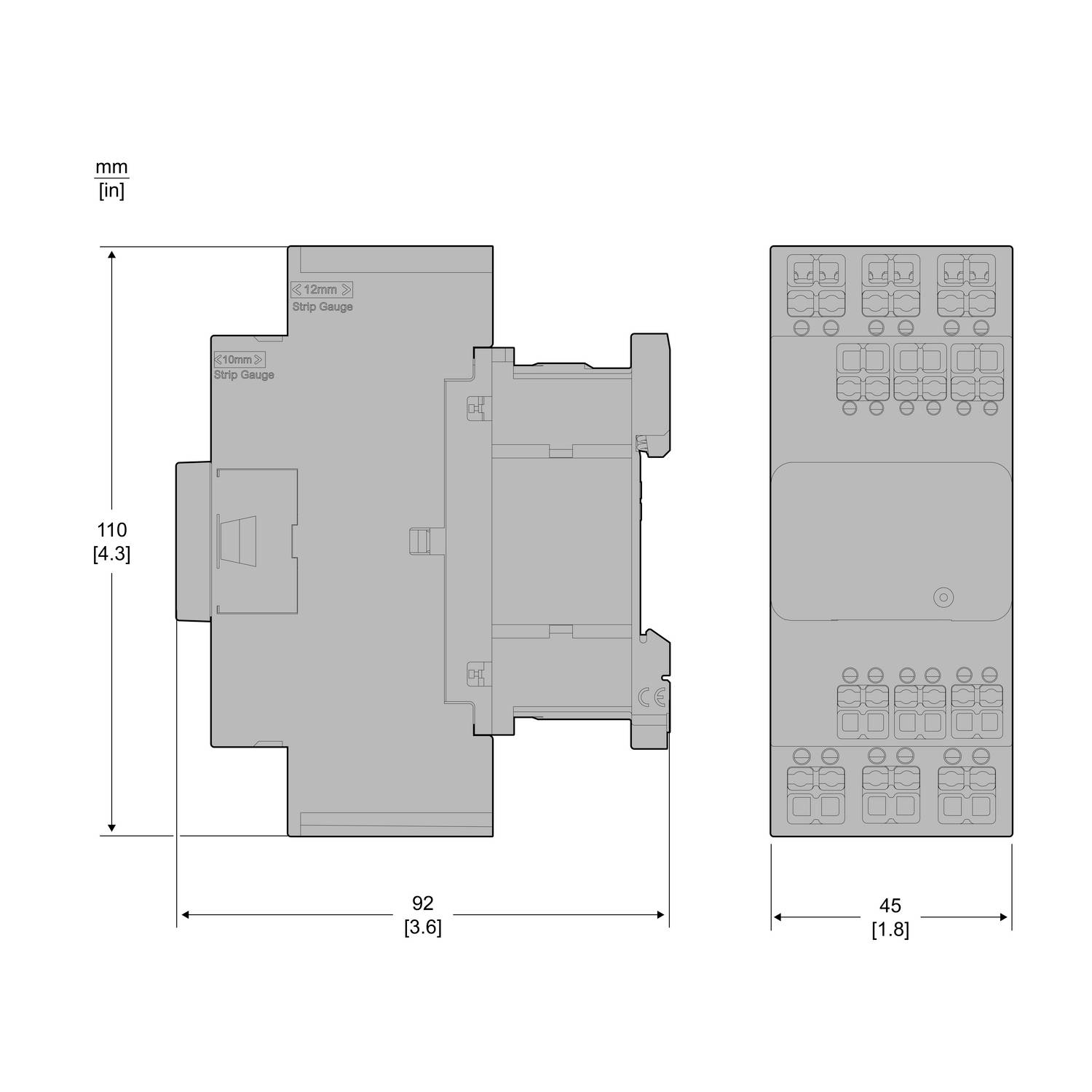 Diagram shows dimensions of a rectangular device from top view and side view: 110 mm high, 92 mm wide, 45 mm deep.