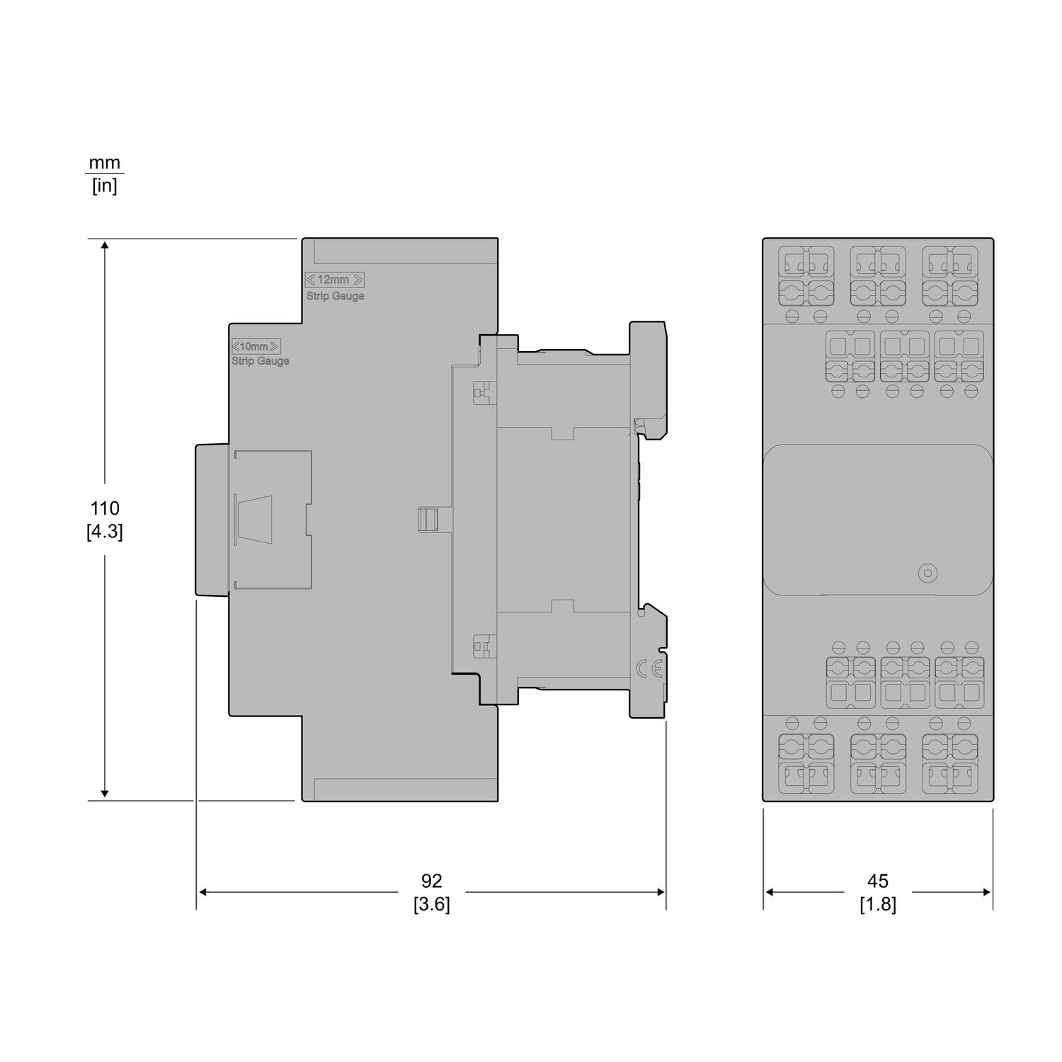Technical drawing of a device with dimensions in mm: 110 height, 92 width, 45 depth. Representation of front and side view.