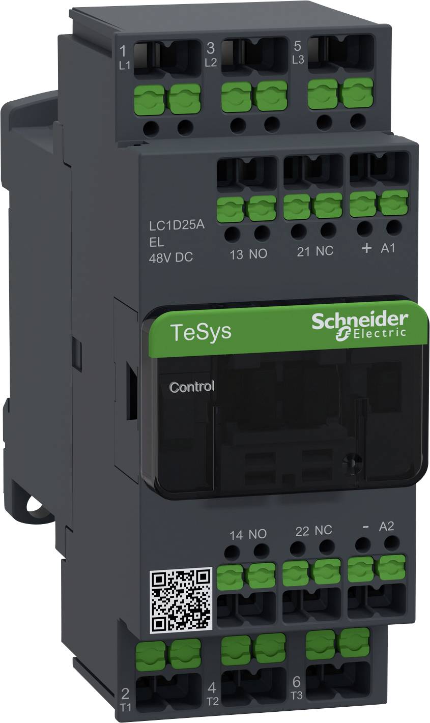 Contactor by Schneider Electric with model designation 'TeSys'. It has several green connection terminals and displays a QR code on the front.