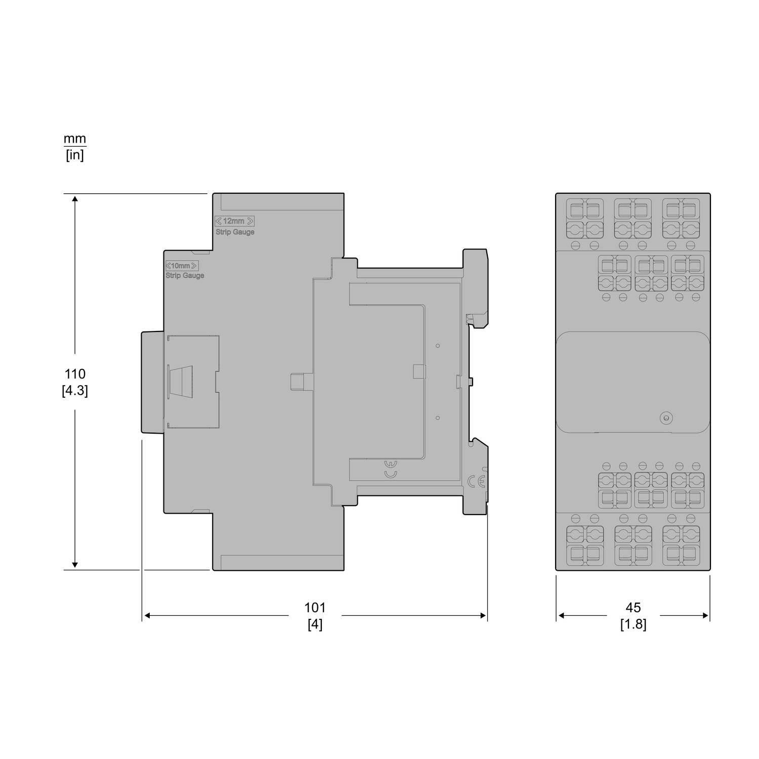 Technical drawing of an electronic device with dimensions: 110 mm height, 101 mm width, 45 mm depth. Side and top view.