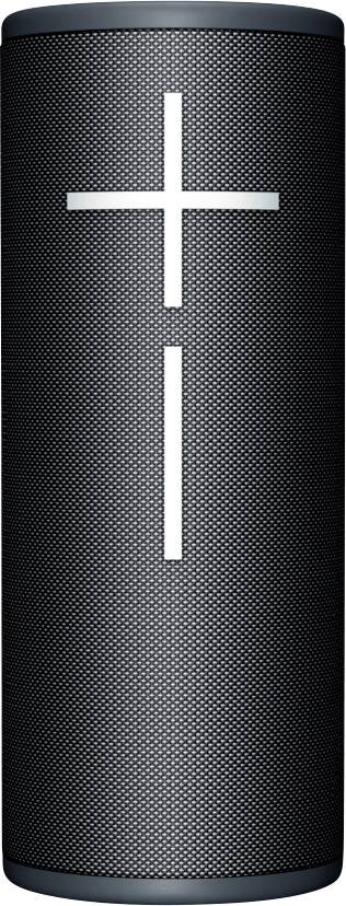 Portable, cylindrical speaker with textured surface. Large plus and minus signs on the front symbolise volume control.
