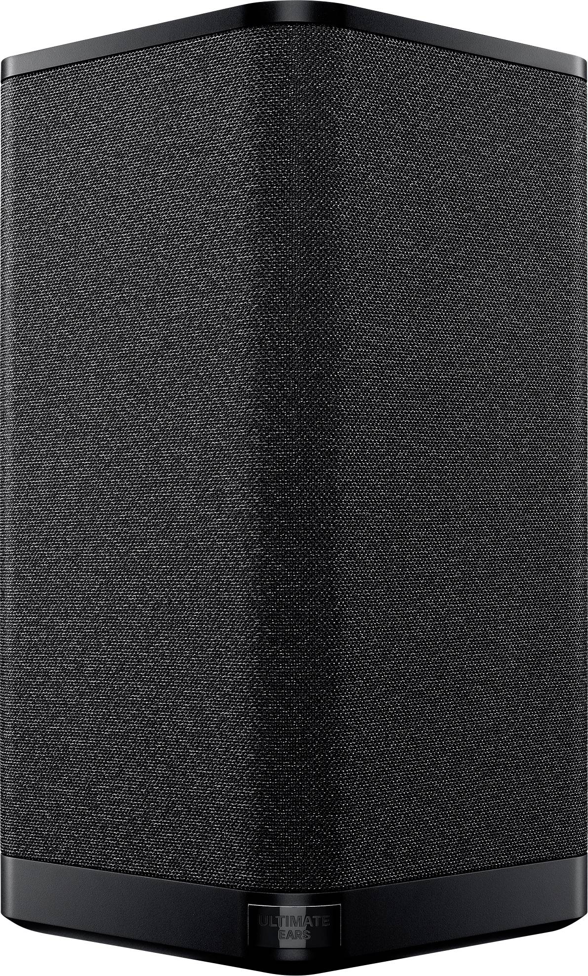 Black-grey Bluetooth speaker in a cylindrical design with discrete buttons on the top and distinctive fabric covering.