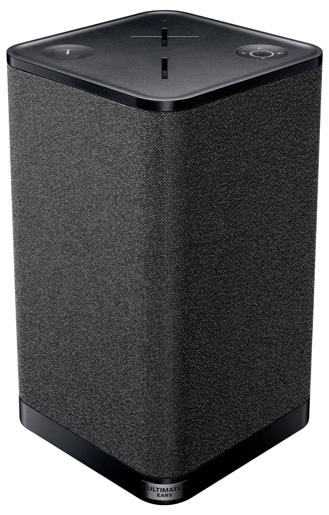 A black, wireless speaker with volume buttons on top.