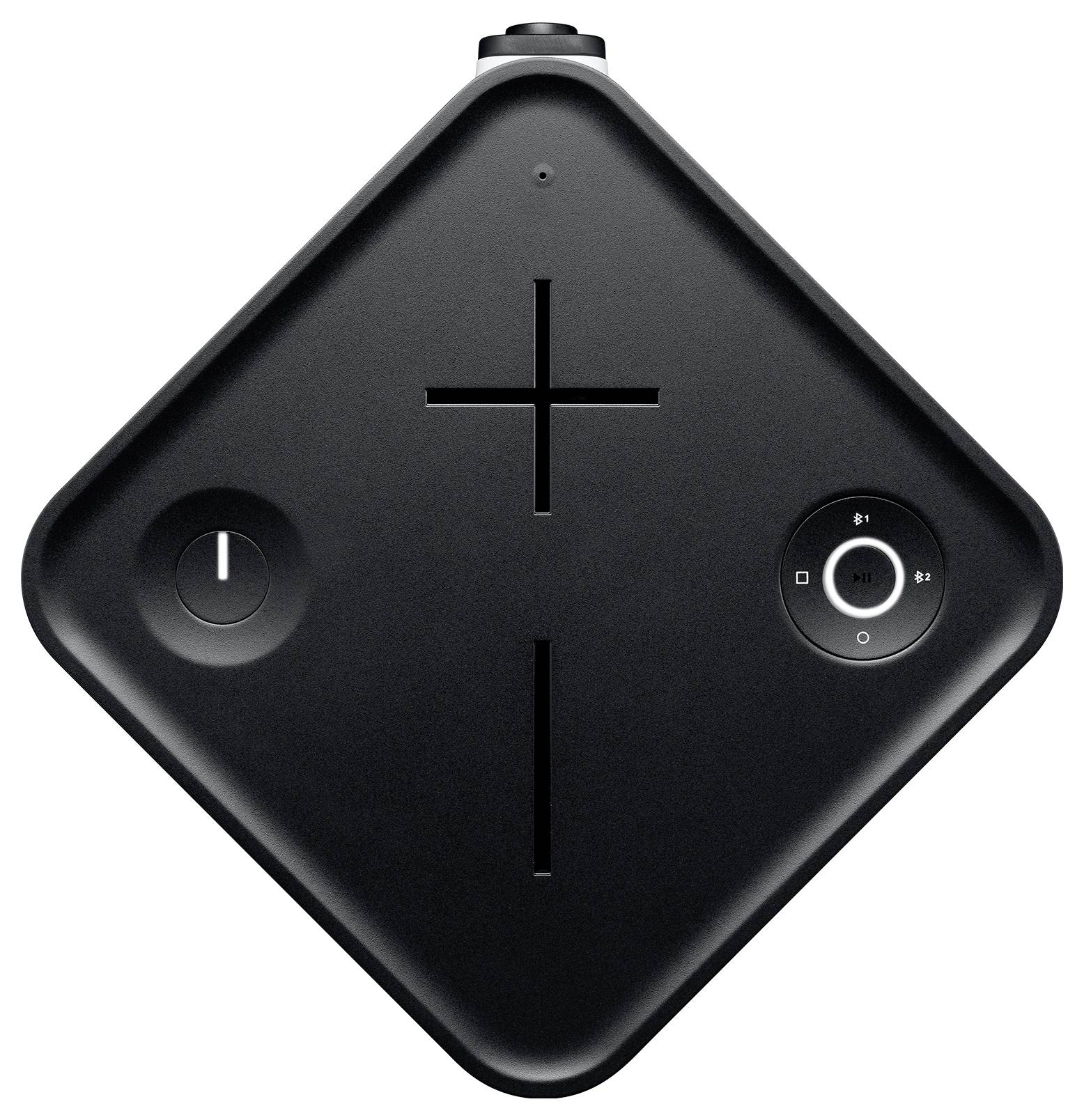 Portable, square speaker in black with plus and minus symbols for volume control and a power on/off button.