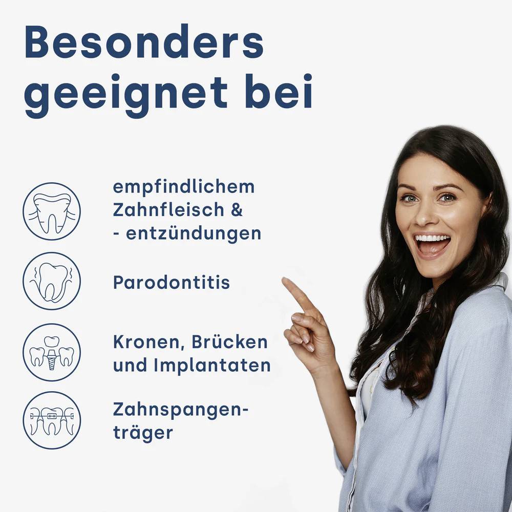 A smiling woman standing next to text: 'Particularly suitable for sensitive gums, periodontitis, crowns, bridges, braces'.