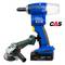 A GESIPA Birdie power tool combined with a CAS branding is shown alongside an angle grinder, illustrating interchangeable battery systems.