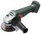 A handheld power tool with a green body and a grinding disc. It features a side handle and is branded as Metabo.