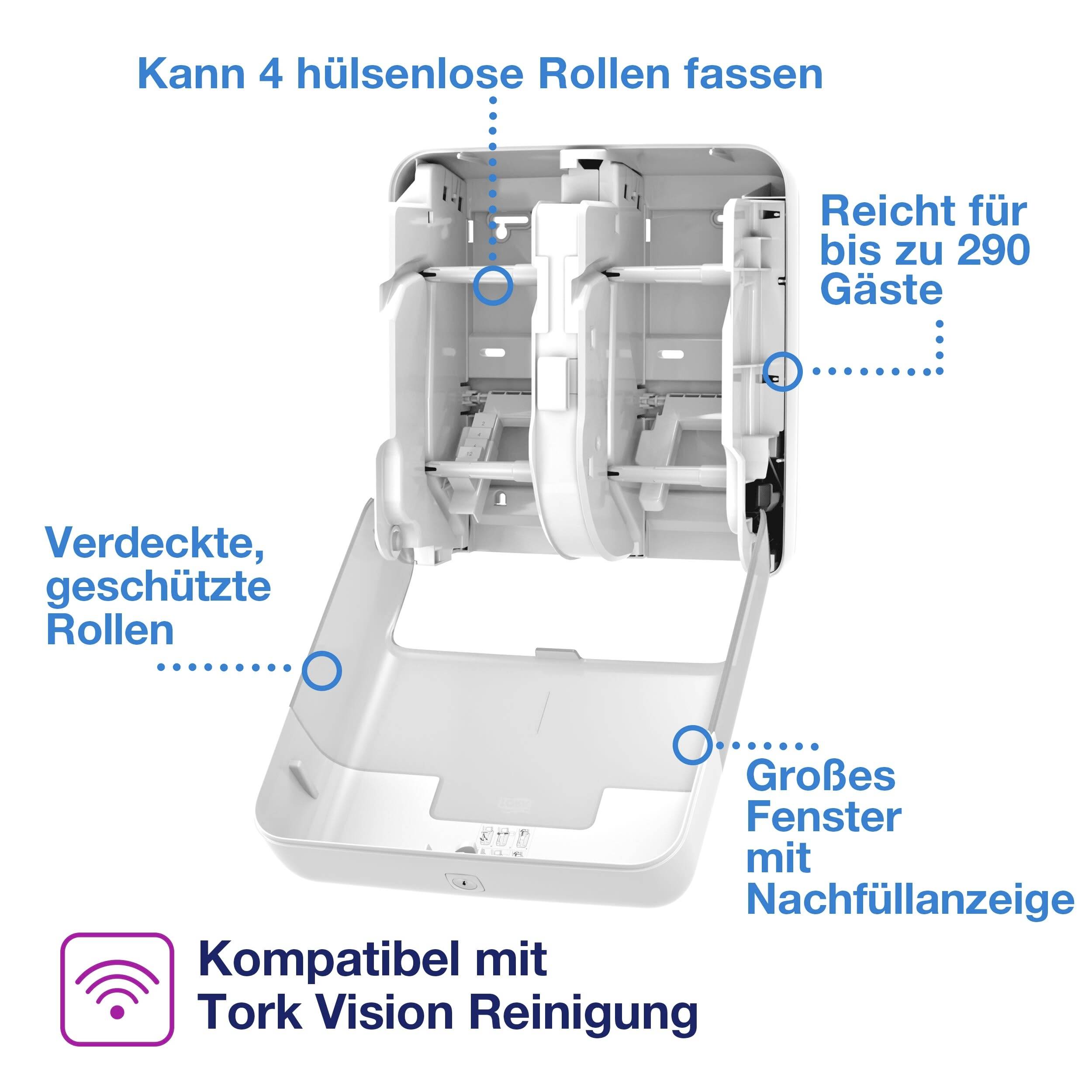 Open dispenser that holds up to 4 roll-free toilet paper rolls. Suitable for up to 290 guests. Large window for refill indication.
