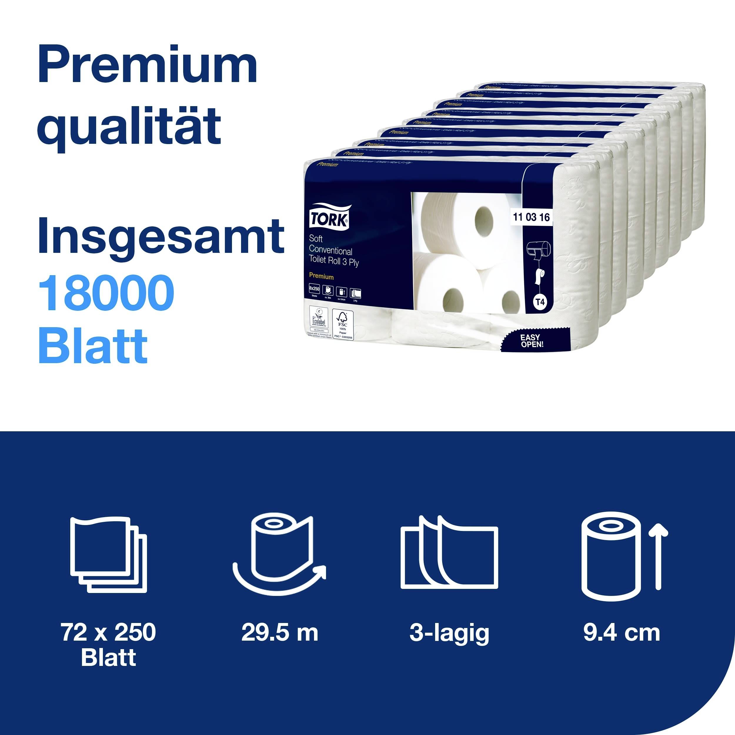 Package with 72 rolls of premium quality toilet paper. Total of 18,000 sheets, 3-ply, each 29.5 m long and 9.4 cm wide.