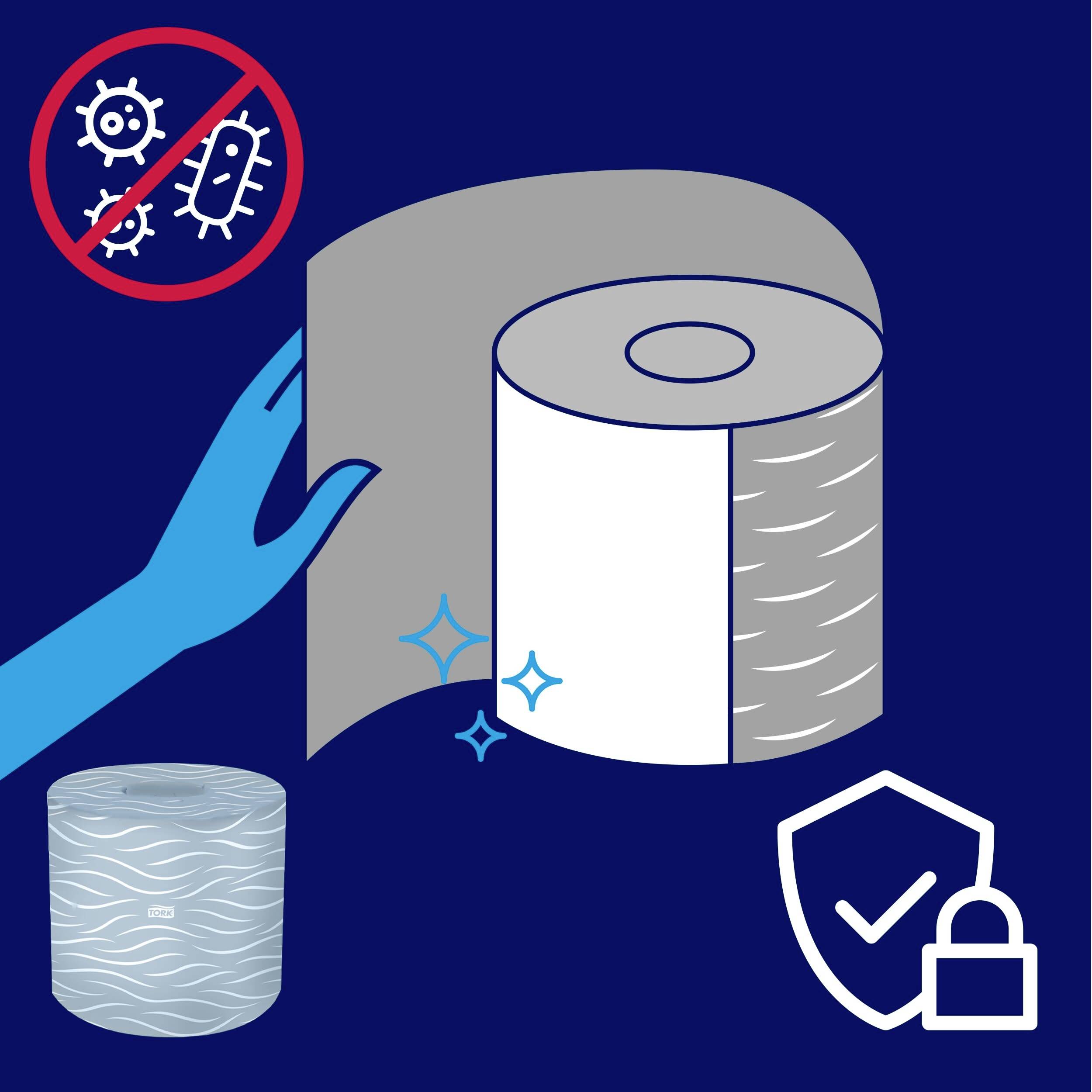 A hand reaches for shiny toilet paper. Symbols show antibacterial protection, with a closed lock and bacteria that are crossed out.