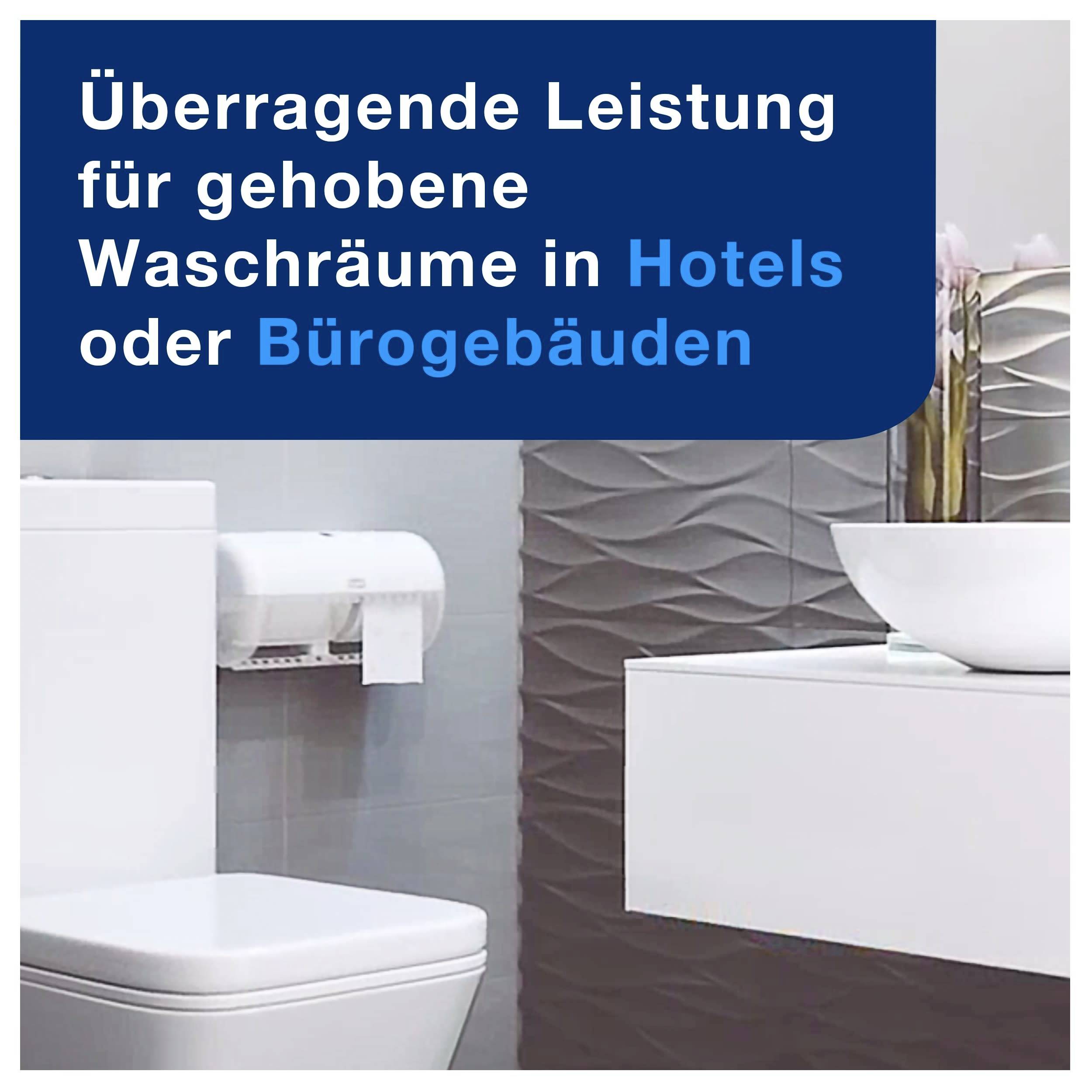 Modern washroom with white toilet and sink; text emphasizes 'Outstanding performance for upscale washrooms'.