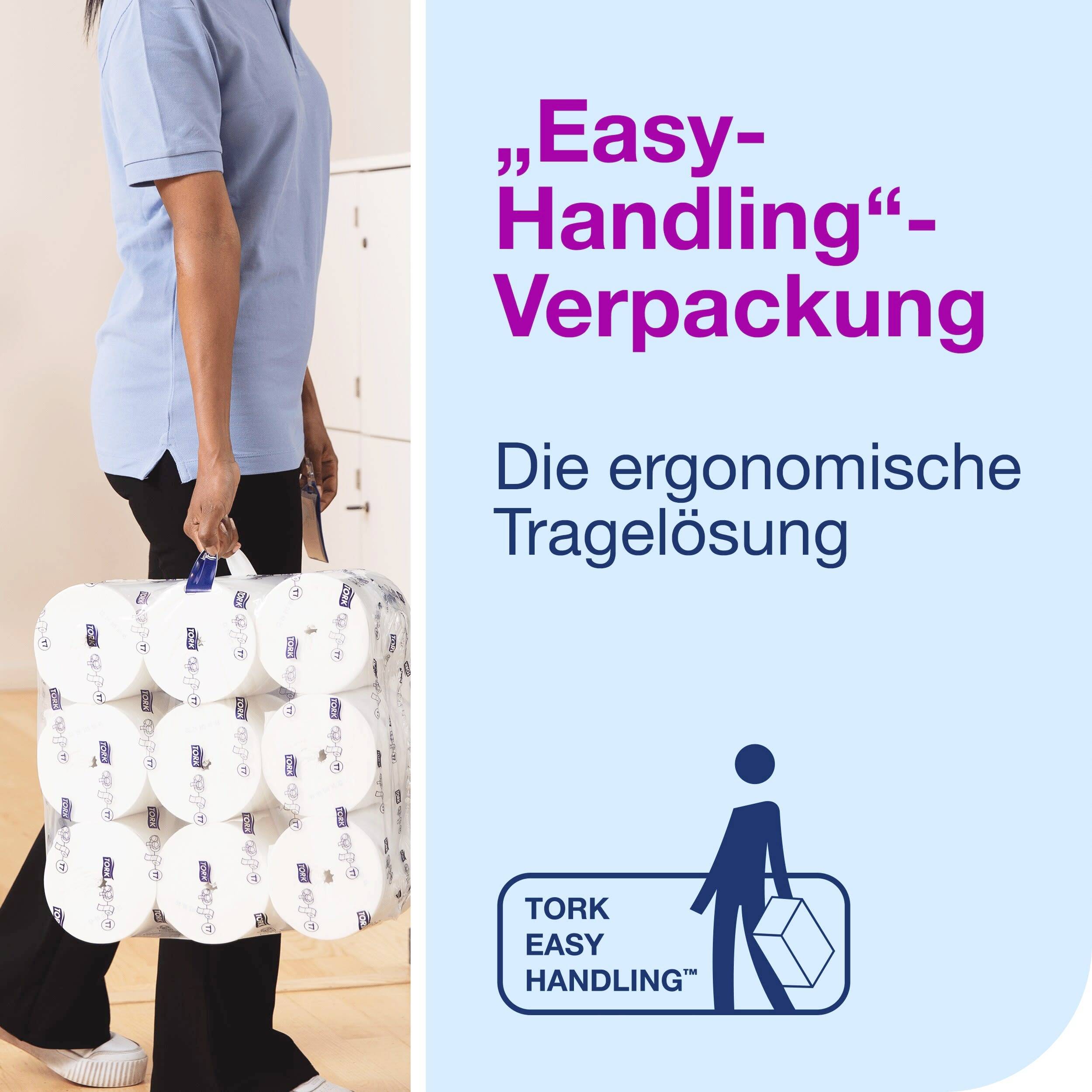 Woman in blue uniform carrying ergonomically stacked Tork toilet paper packaging. Text: 'Easy-Handling packaging. The ergonomic carrying solution.'