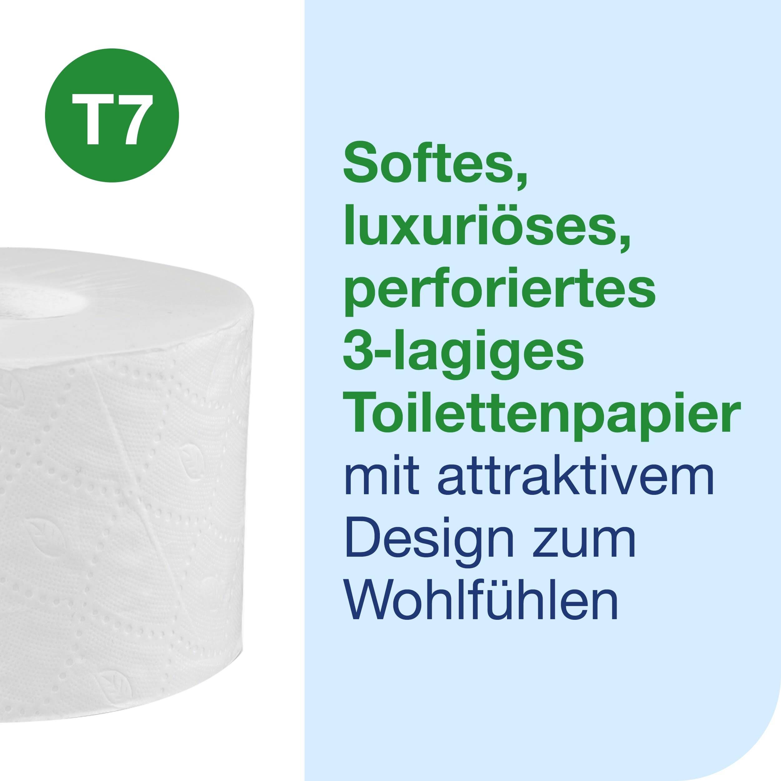'Soft, luxurious 3-ply toilet paper with attractive design for comfort.' An image of a toilet paper roll with text.