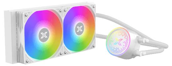 A CPU water cooling system with two illuminated RGB fans and a backlit pump. Suitable for PC systems with high-end components.