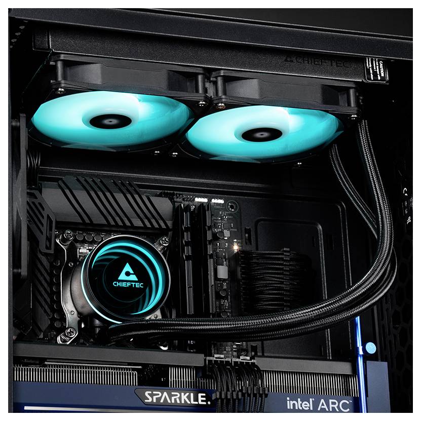 Computer case with illuminated water cooling, two fans and visible cables, brands 'SPARKLE' and 'Intel ARC'.