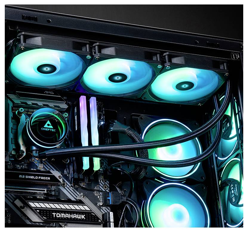 Gaming PC with an open case, showing illuminated RGB fans and LED strips. The motherboard and cooling pipes are also visible.
