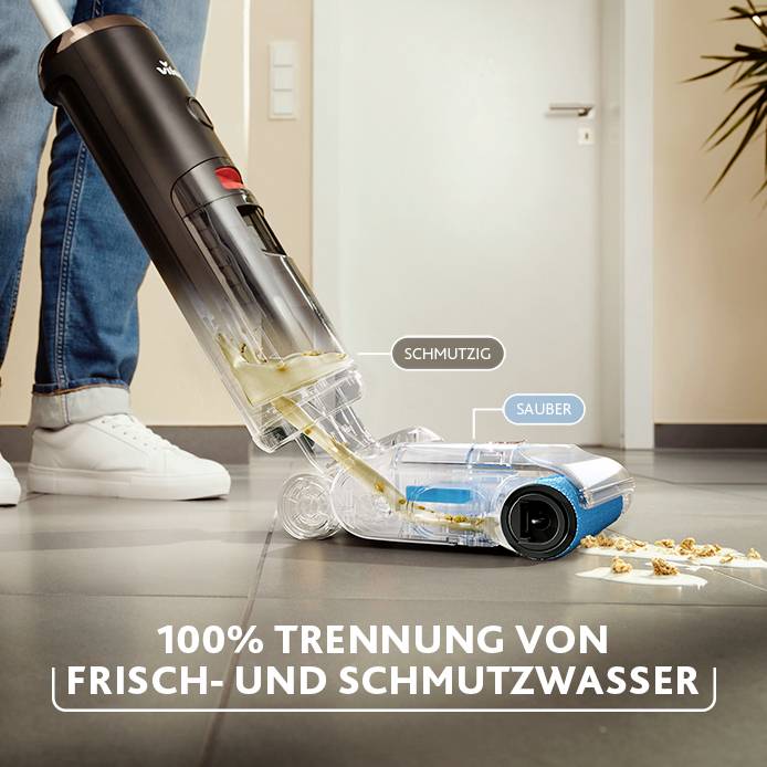 A vacuum cleaner separates fresh water from dirty water. The floor is partially soiled, partially cleaned. Text: '100% Separation of Fresh and Dirty Water'.