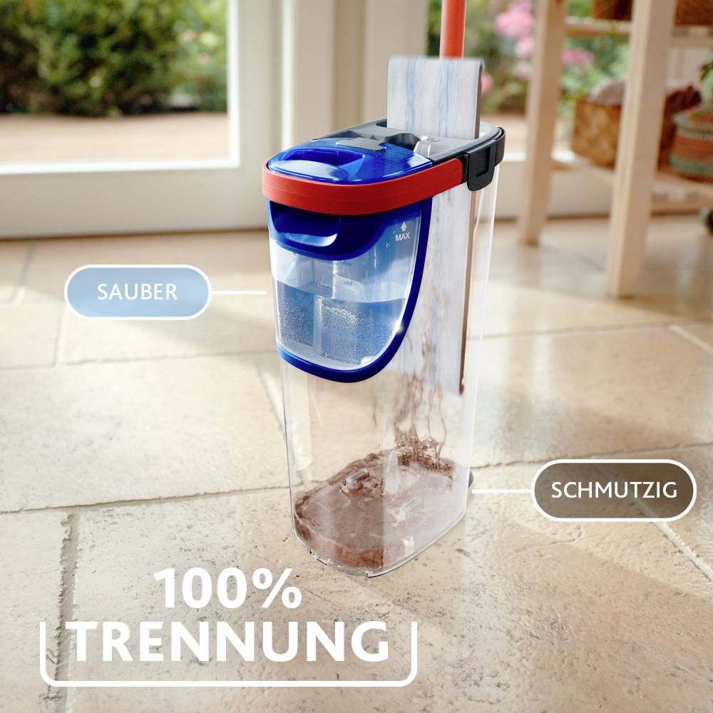 A vacuum cleaner container shows 'Clean' and 'Dirty' areas. The text '100% Separation' emphasises separate areas for dirt and clean air.