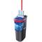 A black bucket with a red handle and built-in mop wringer. A blue floor mop is being squeezed in the wringer.