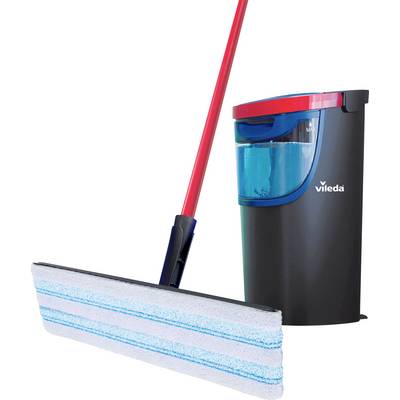 A blue mop with a red handle and a black bucket with a water container are standing side by side.