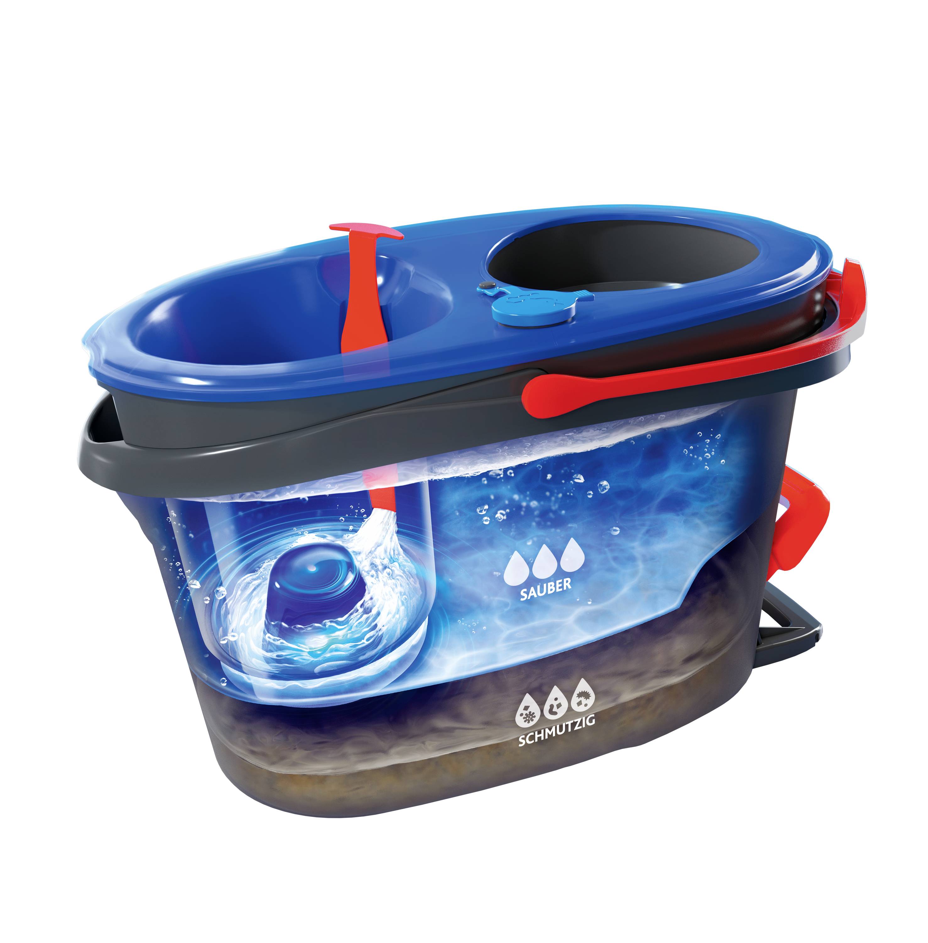 A bucket with two separate chambers and a dividing system to distinguish between clean and dirty water, blue and grey.