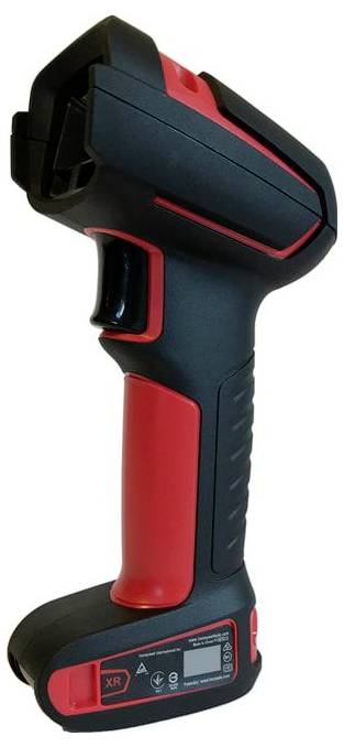 A portable, wireless thermal printer with a black and red casing, including a digital display and controls below.