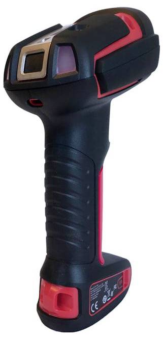 A black and red hand scanner with an ergonomic grip; suitable for barcode scanning in industrial environments.