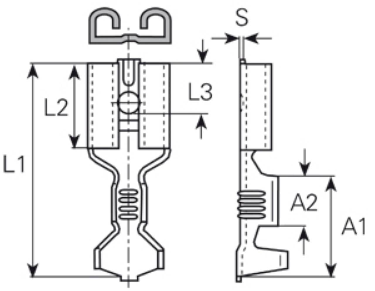 Technical drawing of a cross-section of a fastening element with dimensions L1, L2, L3, S, A1, and A2, showing detailed view.