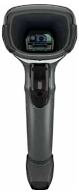 A grey handheld scanner with a handle and a wide head. A display with a digital readout is located on the top.