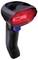A black handheld scanner with a red light, used for scanning barcodes.